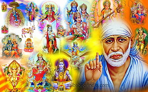 Sai Baba Portrait Surrounded by Hindu Deities and Divine Figures HD wallpaper