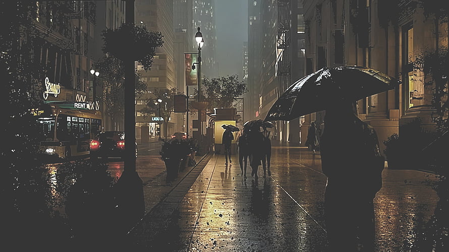 Moody Silhouettes Walking Through a Rainy New York City Street at Night HD wallpaper
