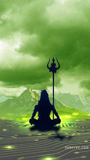 Mahakal Silhouette Meditating with Trishula Against Green Mountain Landscape HD phone wallpaper