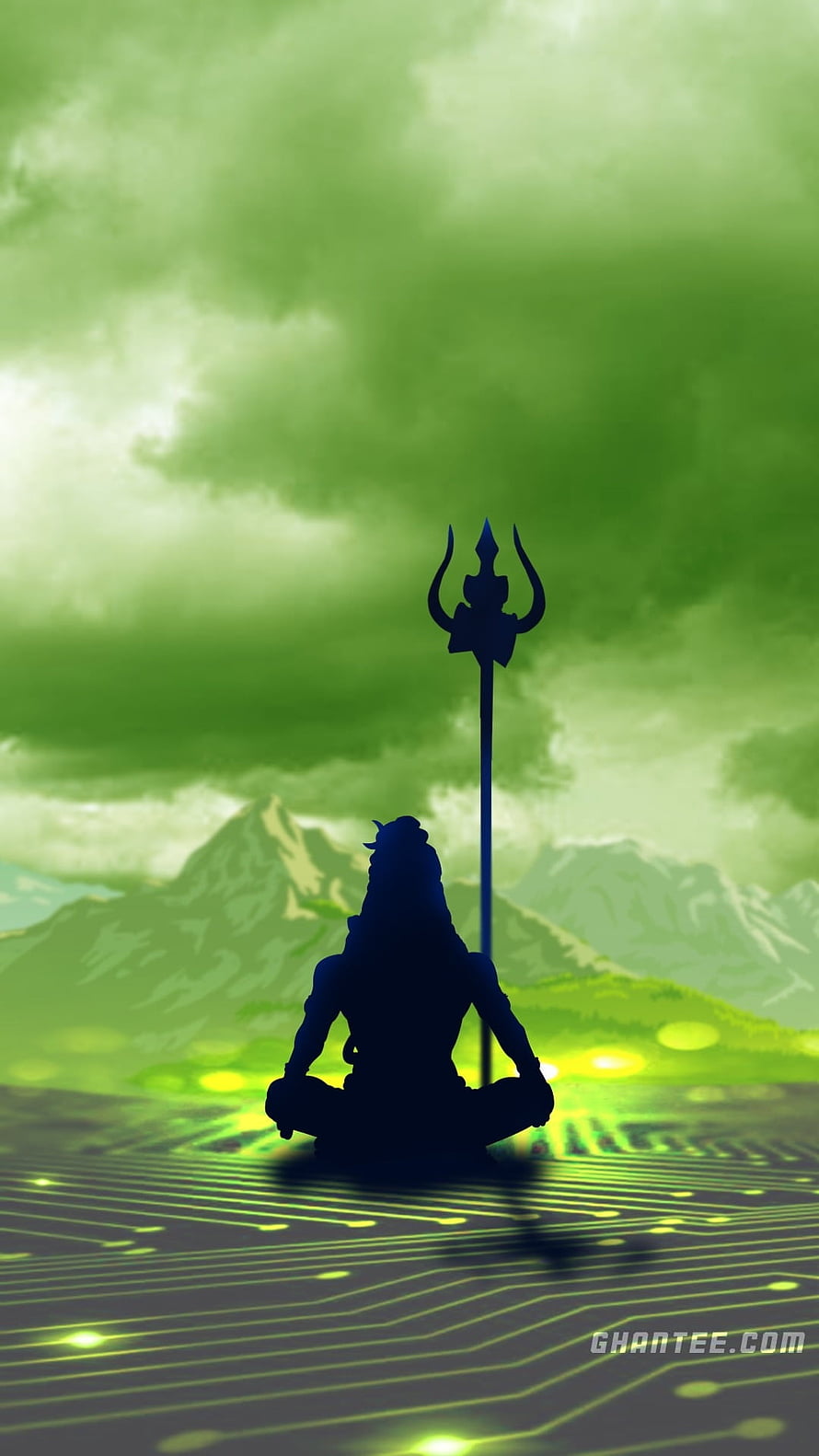 Mahakal Silhouette Meditating with Trishula Against Green Mountain Landscape HD phone wallpaper