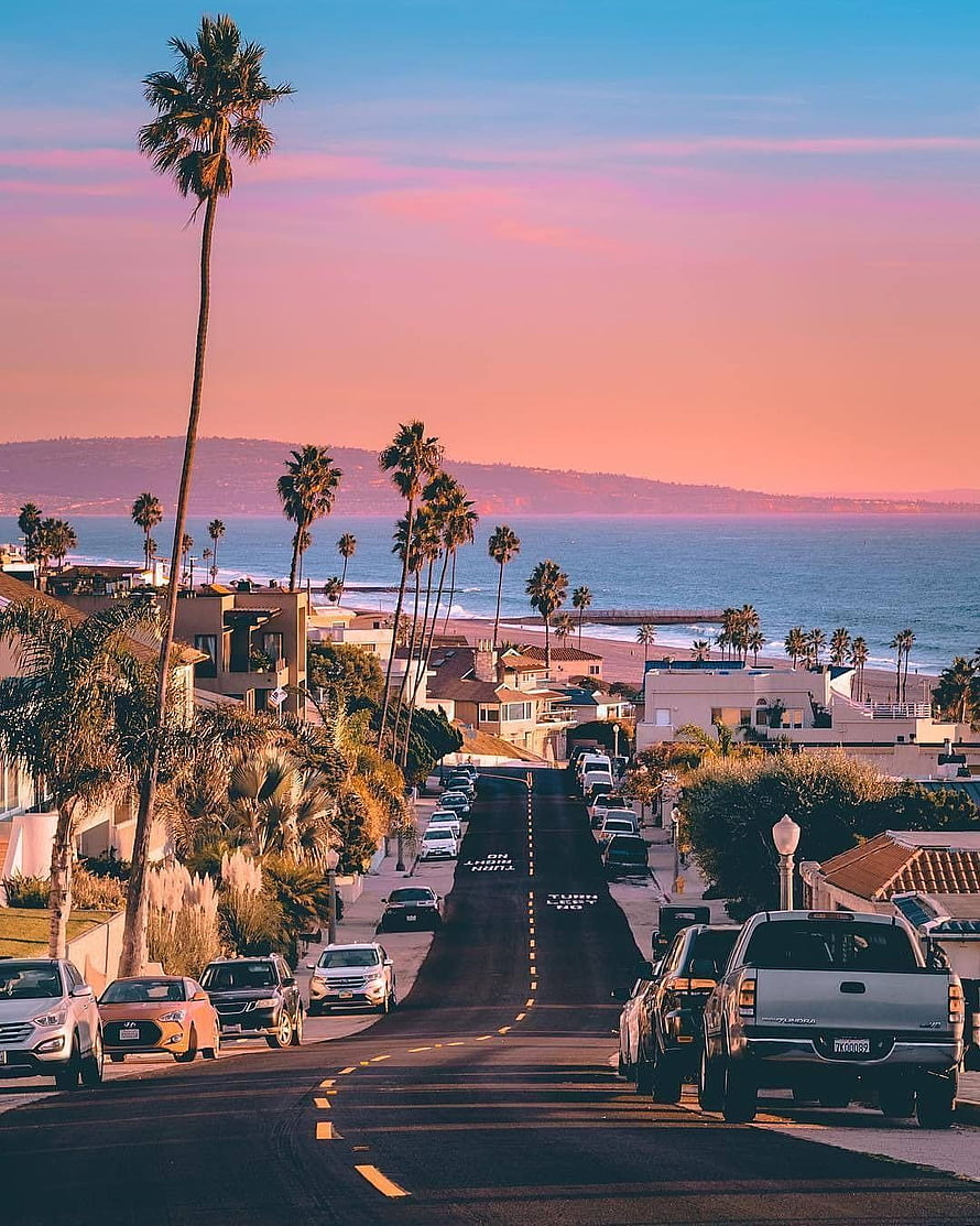 Sunset View of a Coastal Street in Los Angeles with Palm Trees and Ocean Horizon HD phone wallpaper