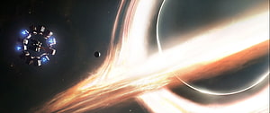 Space Station Near Glowing Wormhole and Distant Planet in Deep Space HD wallpaper