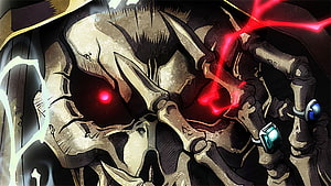 Overlord Ainz Ooal Gown Skeletal Warrior with Glowing Red Eyes and Dark Magic HD wallpaper
