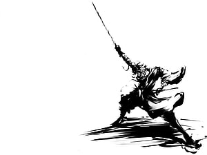 Shishio Makoto Dynamic Sword Strike in Black and White Ink Wash Style HD wallpaper