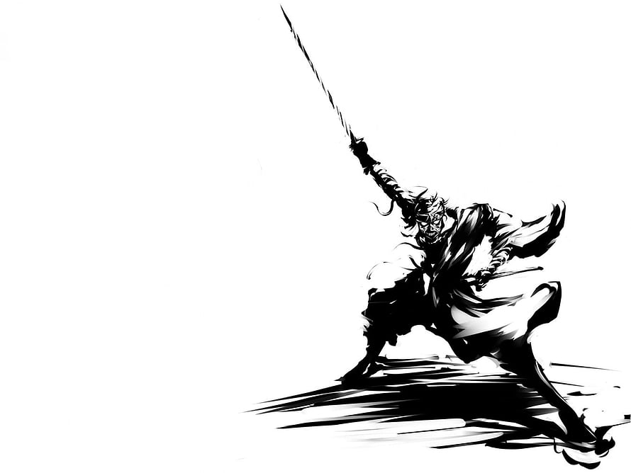 Shishio Makoto Dynamic Sword Strike in Black and White Ink Wash Style HD wallpaper