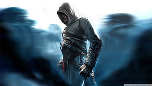 Assassin's Creed Ezio Auditore in White Hooded Robe with Sword in Misty Blue Landscape HD wallpaper