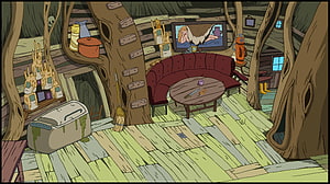 Adventure Time Treehouse Interior with Red Sofa and Cartoon TV HD wallpaper