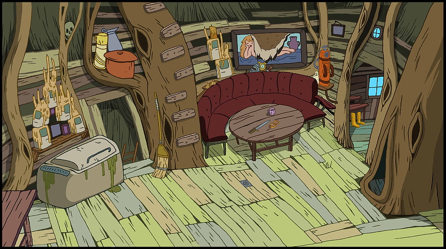 Adventure Time Treehouse Interior with Red Sofa and Cartoon TV HD wallpaper