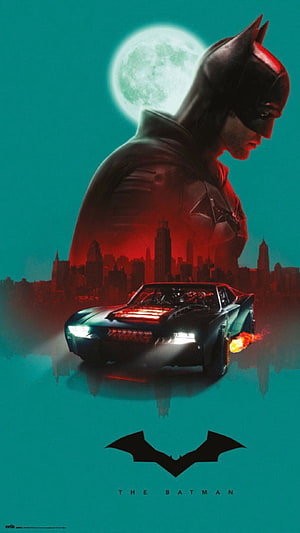 Robert Pattinson as Batman with Batmobile and Gotham City Skyline Under a Full Moon HD phone wallpaper