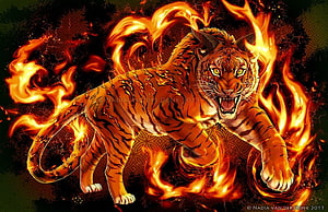 Feral Fire Tiger Artwork: Roaring Big Cat Enveloped in Dramatic Flames HD wallpaper