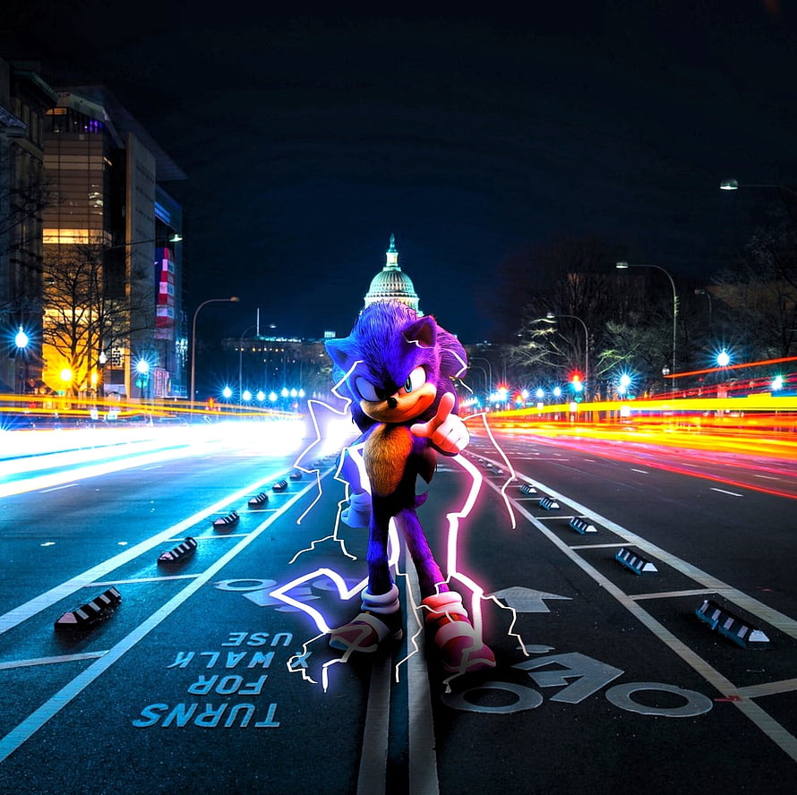 Sonic The Hedgehog Standing in a Neon-Lit City Street at Night with Electric Energy Effects HD wallpaper