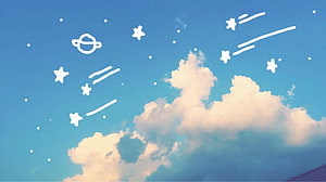 Dreamy Blue Sky with Hand-Drawn Stars, Planets, and Fluffy Clouds HD wallpaper