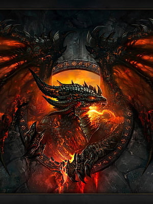 Fiery Hell Dragon Breathing Flames in Dark Fantasy Cave with Runes HD phone wallpaper