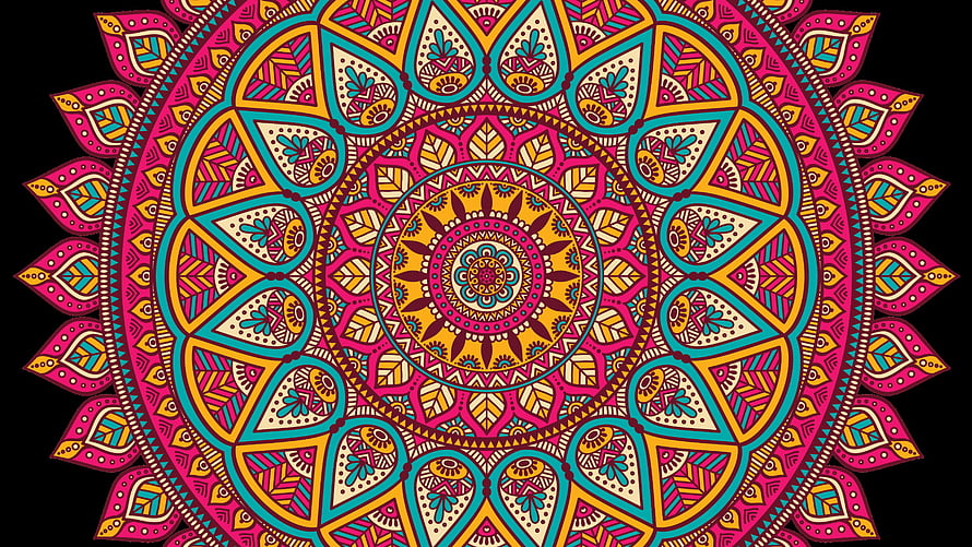 Vibrant Pink and Teal Mandala Art with Intricate Geometric Patterns on Black Background HD wallpaper