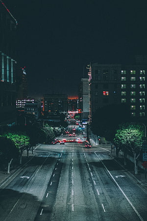 Los Angeles Downtown Street View at Night with Traffic and City Lights HD phone wallpaper