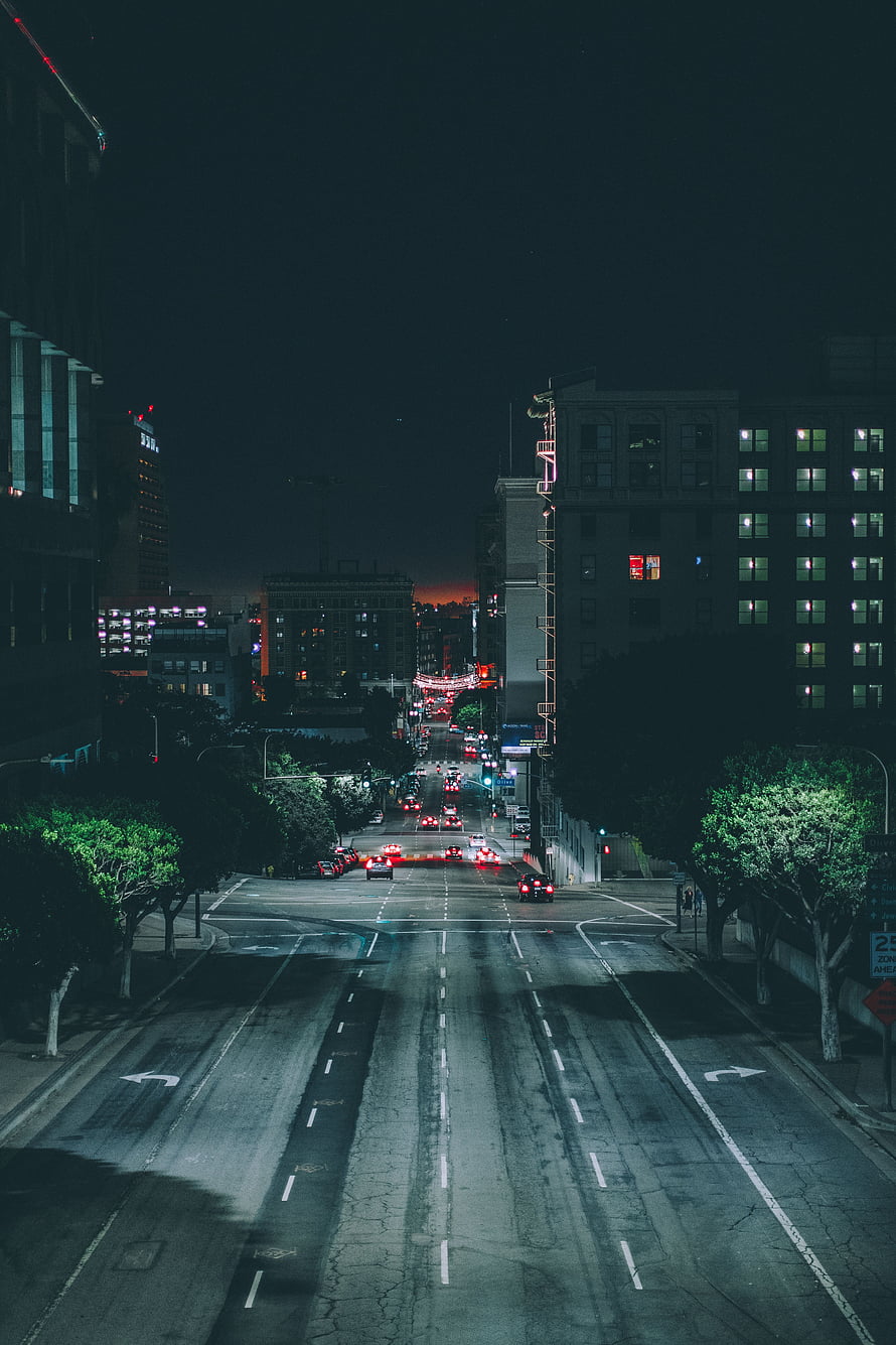 Los Angeles Downtown Street View at Night with Traffic and City Lights HD phone wallpaper