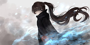 Baam from Tower of God in a Black Coat with Flowing Hair and Blue Energy HD wallpaper