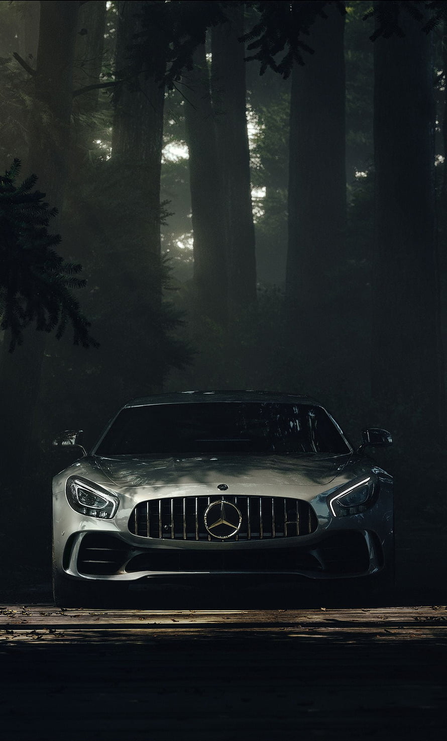 Mercedes-AMG GT Front View in a Dark Misty Forest with Dramatic Lighting HD phone wallpaper