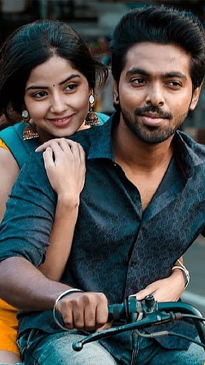 Sivappu Manjal Pachai: Divya Bharathi and G. V. Prakash Kumar on a Motorcycle HD phone wallpaper