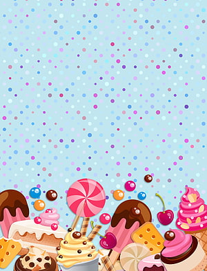 Colorful Cartoon Candy and Dessert Collection on Pastel Polka Dot Background HD phone wallpaper