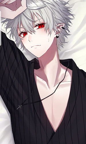 Silver-Haired Anime Boy with Red Eyes and Cross Necklace HD phone wallpaper