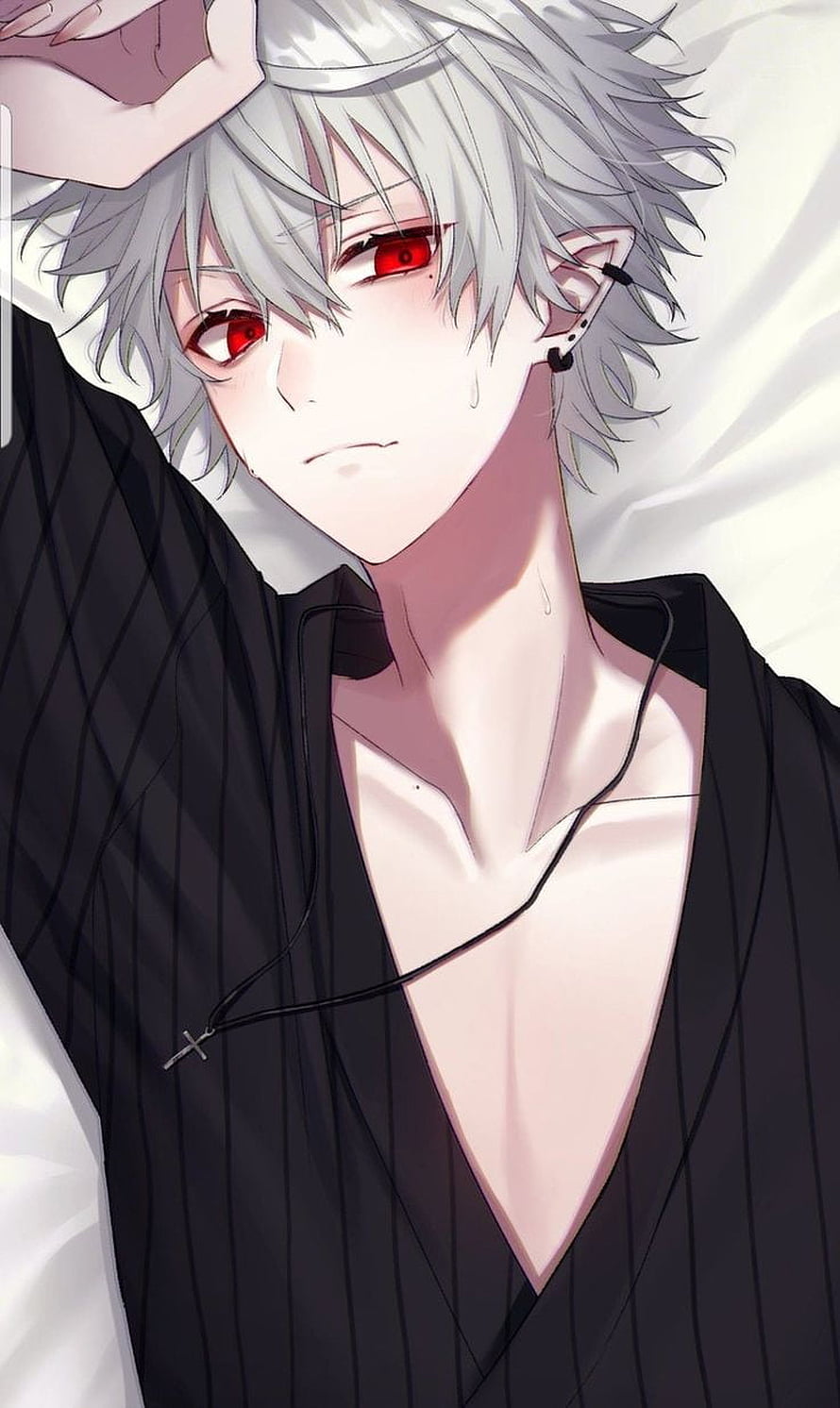 Silver-Haired Anime Boy with Red Eyes and Cross Necklace HD phone wallpaper