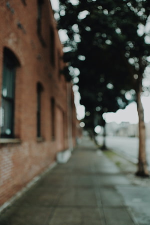 Soft Focus Urban Sidewalk Along a Red Brick Building with Blurred Trees HD phone wallpaper