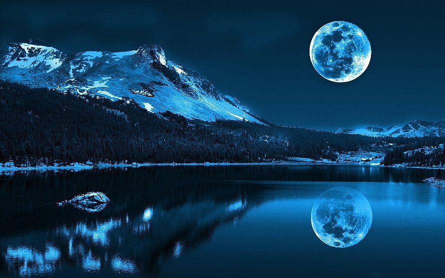Full Moon Over Snow-Capped Mountains and a Calm Alpine Lake at Night HD wallpaper