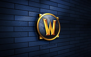 World of Warcraft 3D Golden W Emblem Mounted on Dark Blue Brick Wall HD wallpaper