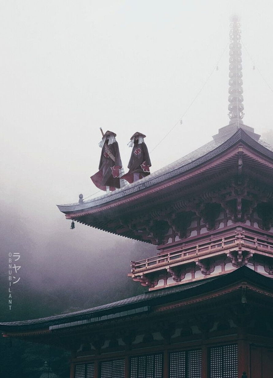Itachi and Kisame Uchiha Standing on a Misty Japanese Temple Roof in Naruto Shippuden HD phone wallpaper