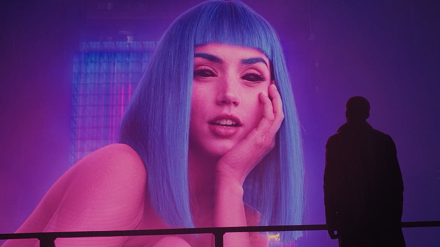 Joi from Blade Runner 2049 in a Neon-Lit Cyberpunk Scene HD wallpaper