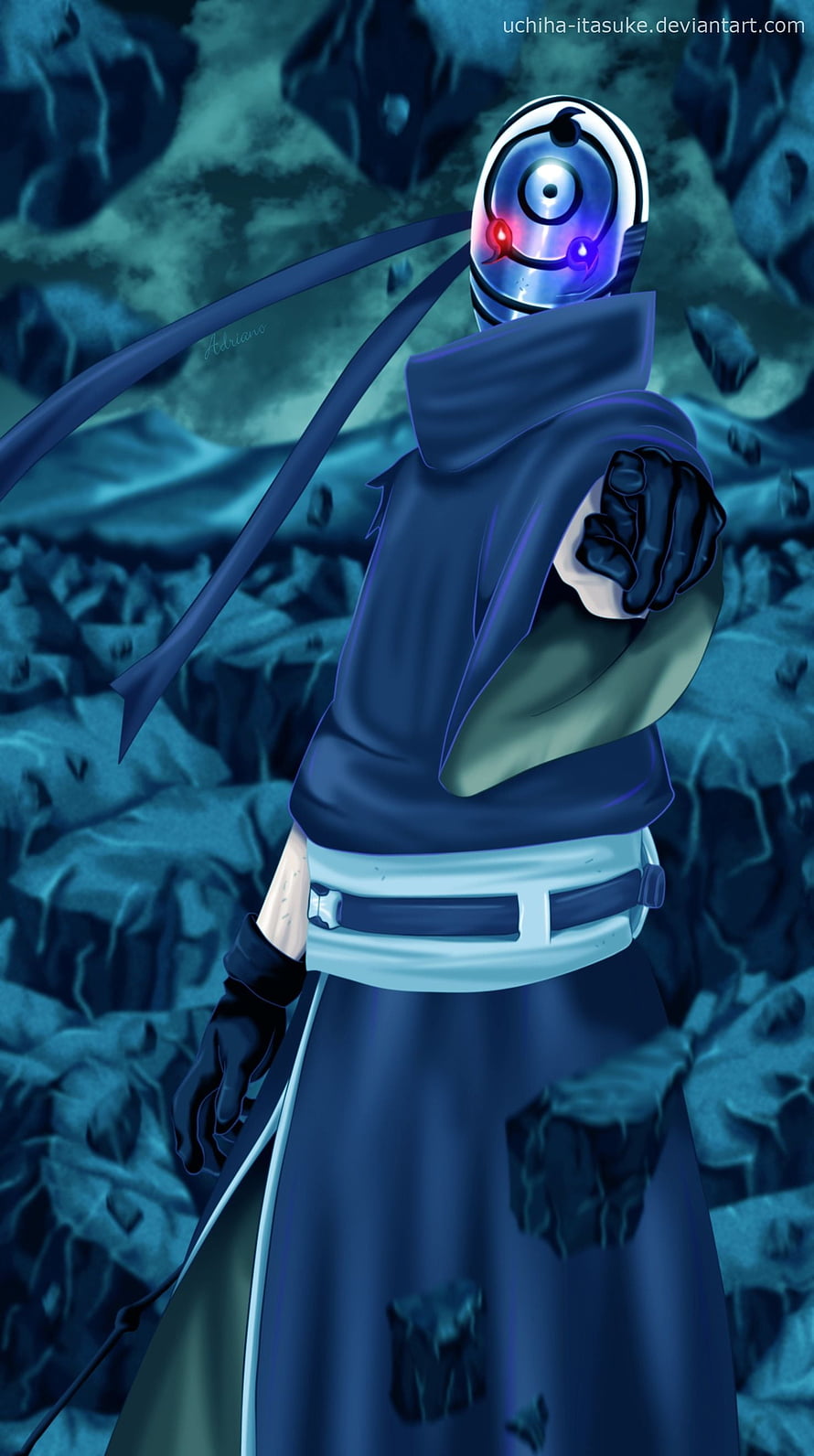 Obito Uchiha in Masked Form Standing in a Dark Cavern from Naruto HD phone wallpaper