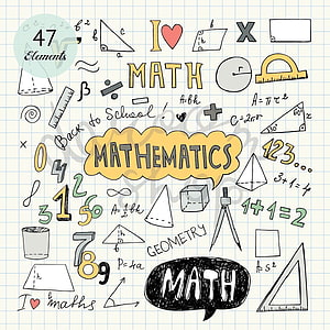 Hand-drawn Mathematics Doodle Collection with Geometry Shapes and Formulas on Grid Paper HD wallpaper