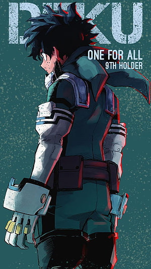 Izuku Midoriya in Hero Costume Standing Profile with One For All Text HD phone wallpaper