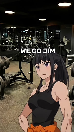 Anime Girl in Black Tank Top at the Gym with We Go Jim Text Overlay HD phone wallpaper