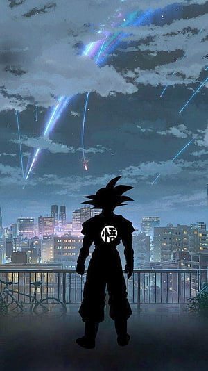 Goku Silhouette Watching Meteor Shower Over City Skyline at Night HD phone wallpaper