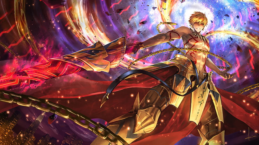 Gilgamesh from Fate Zero wielding a golden blade in a cosmic battle scene HD wallpaper