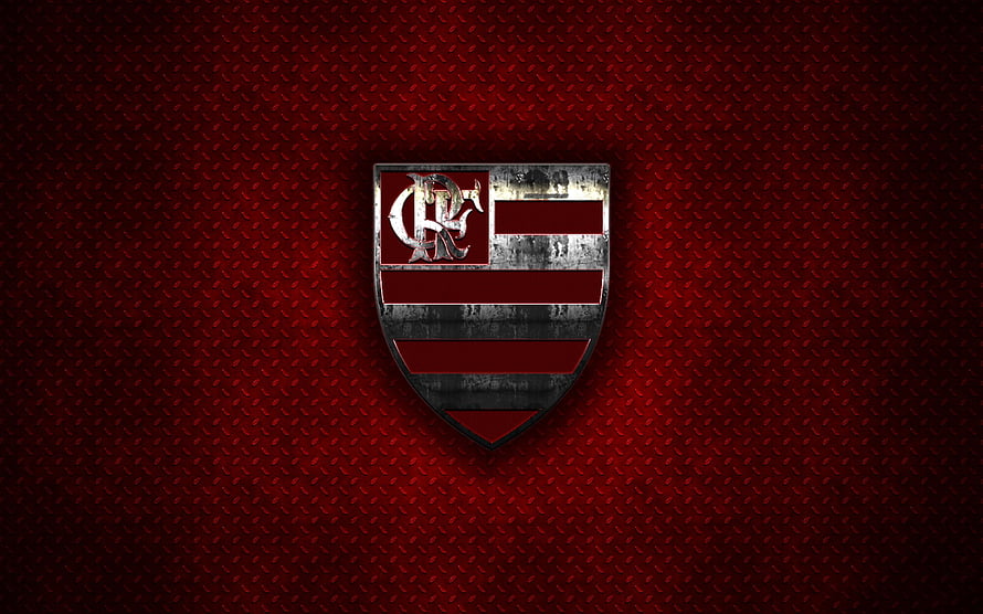 Flamengo FC Shield Emblem on Textured Red Metal Background HD wallpaper