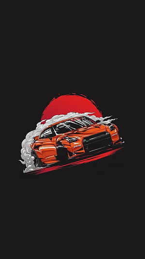Stylized Orange JDM Drift Car Illustration with Smoke and Red Sun HD phone wallpaper