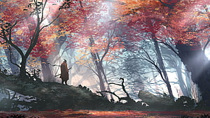 Sekiro Samurai Standing in Misty Autumn Forest with Red Foliage HD wallpaper
