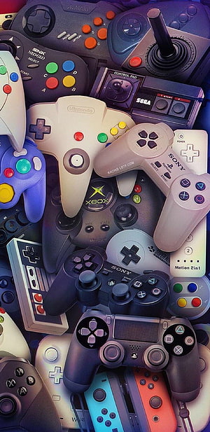 Retro Gaming Controllers Collection Featuring Nintendo, Sony, Sega, and Xbox Pads HD phone wallpaper