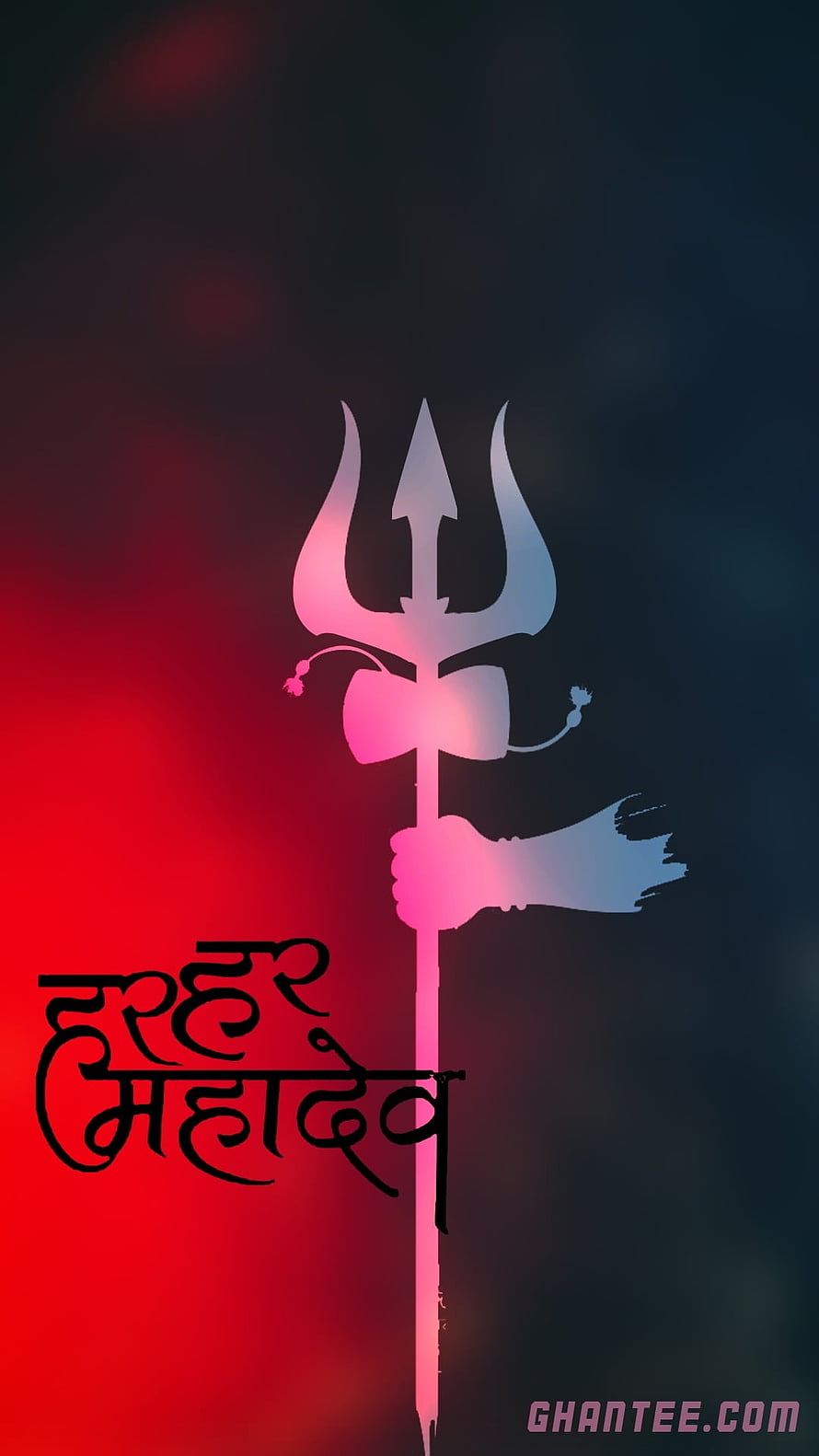 Har Har Mahadev Trishul Silhouette with Devotional Hindi Text on Red and Blue Gradient HD phone wallpaper