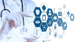 Medical Professional Interacting with Digital Healthcare Icons and Hexagonal Infographic HD wallpaper