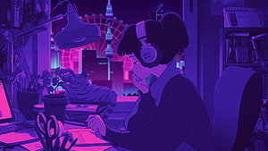 Lofi Girl Studying at Desk with Cat in Neon Purple Cityscape HD wallpaper