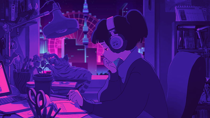 Lofi Girl Studying at Desk with Cat in Neon Purple Cityscape HD wallpaper