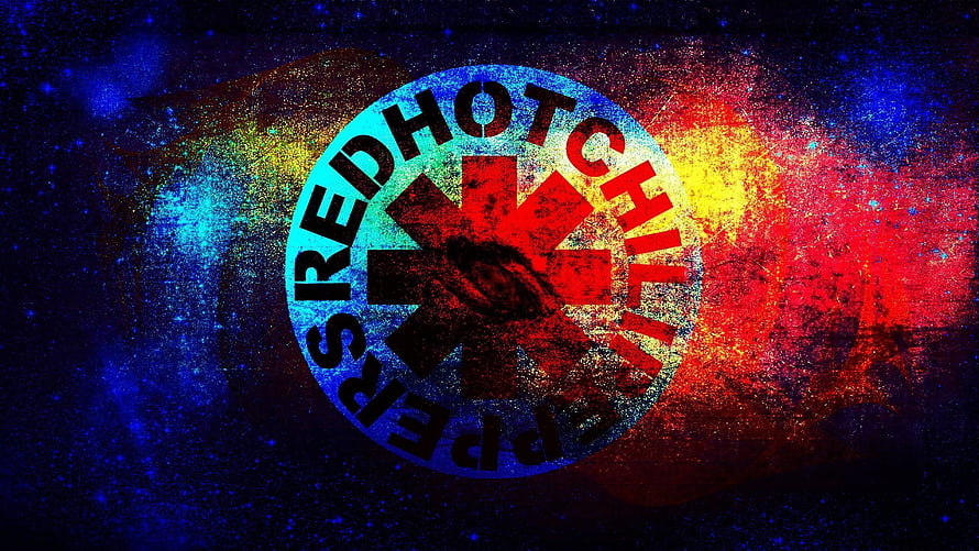 Red Hot Chili Peppers Starburst Logo on Vibrant Cosmic Nebula Background HD wallpaper
