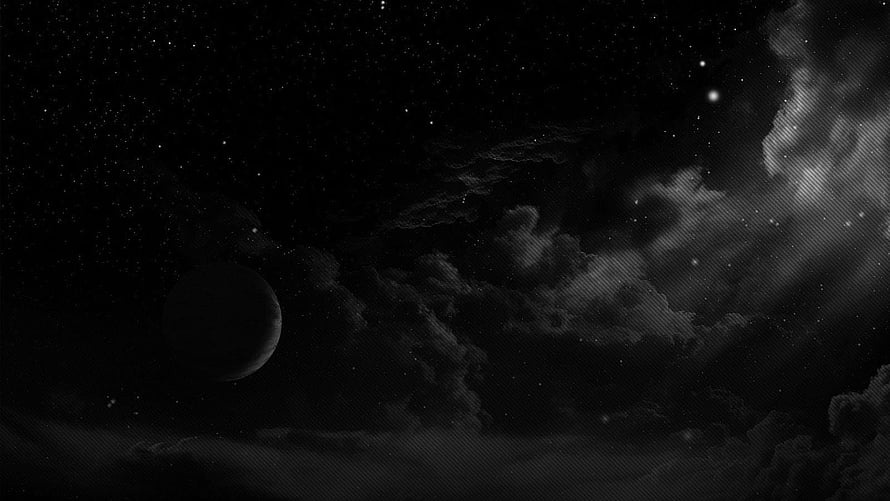 Monochrome Cosmic Scene Featuring a Distant Planet and Dramatic Nebula Clouds HD wallpaper