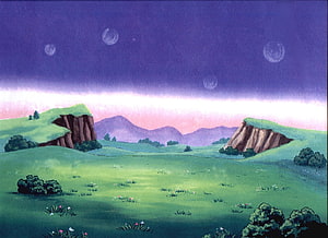 Dragon Ball Z Animated Landscape with Rolling Hills and Purple Twilight Sky HD wallpaper