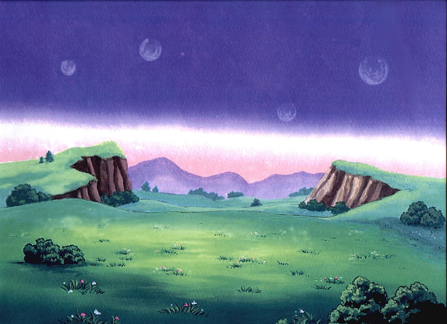 Dragon Ball Z Animated Landscape with Rolling Hills and Purple Twilight Sky HD wallpaper