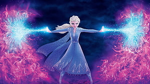 Elsa Unleashing Ice Magic in Frozen 2 with Vibrant Blue and Pink Energy Bursts HD wallpaper